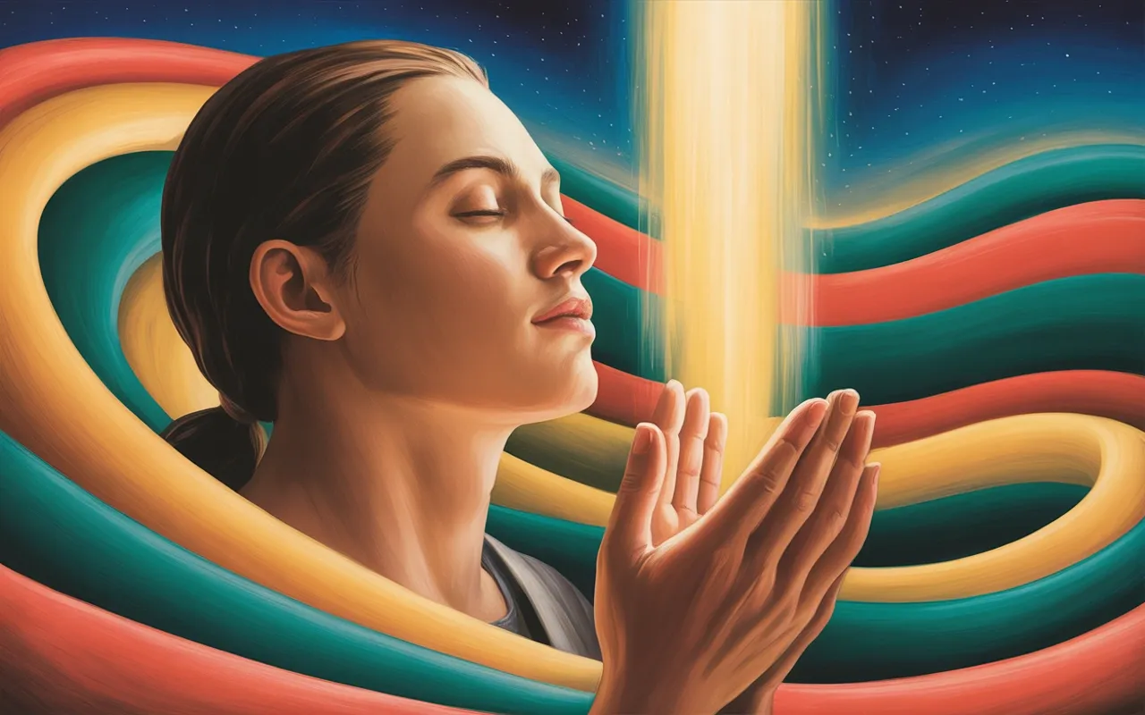 Person in peaceful prayer with golden light streaming down, teal and coral ribbons in a starlit dreamscape