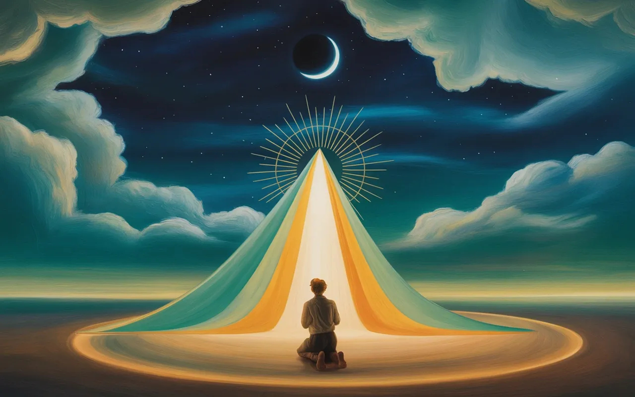Jungian dreamscape with a figure kneeling before divine light, swirling teal and amber ribbons in a starlit sky