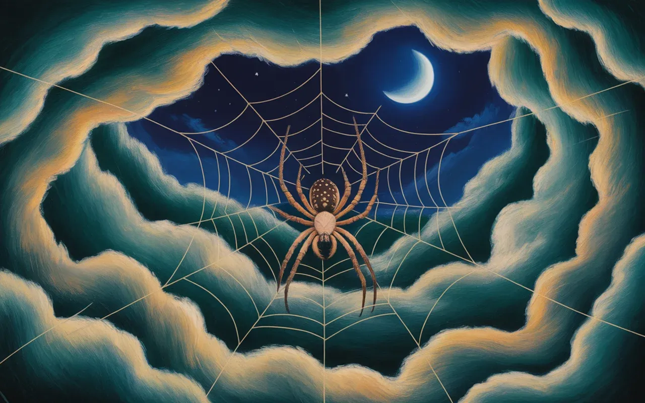 Spider weaving a luminous web in a Jungian dreamscape with teal and amber light under a crescent moon — biblical spider dream symbolism
