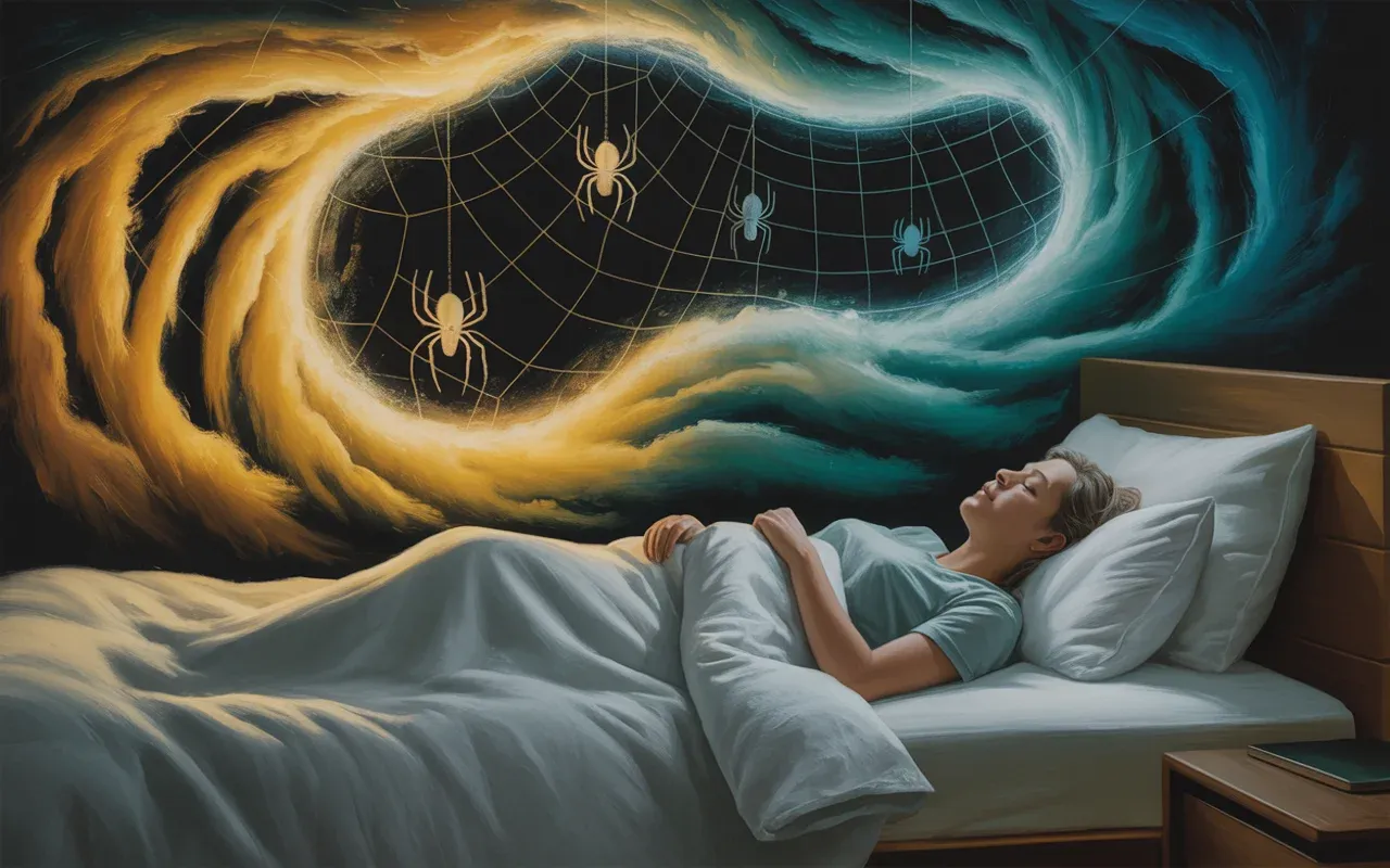 Person sleeping peacefully while a luminous spider web forms in the dreamscape above them — spider dream scenarios explained
