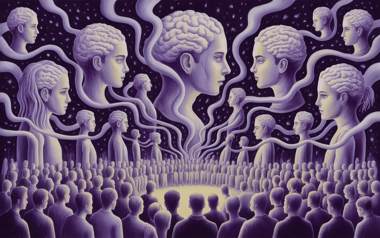 Surreal illustration of telepathy and mind reading in a crowd, deep purple and gold dreamscape with flowing thought streams