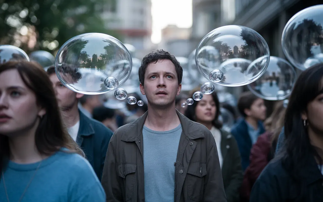 Person in a crowd with translucent thought-bubbles from strangers, cinematic moonlit scene representing dream telepathy