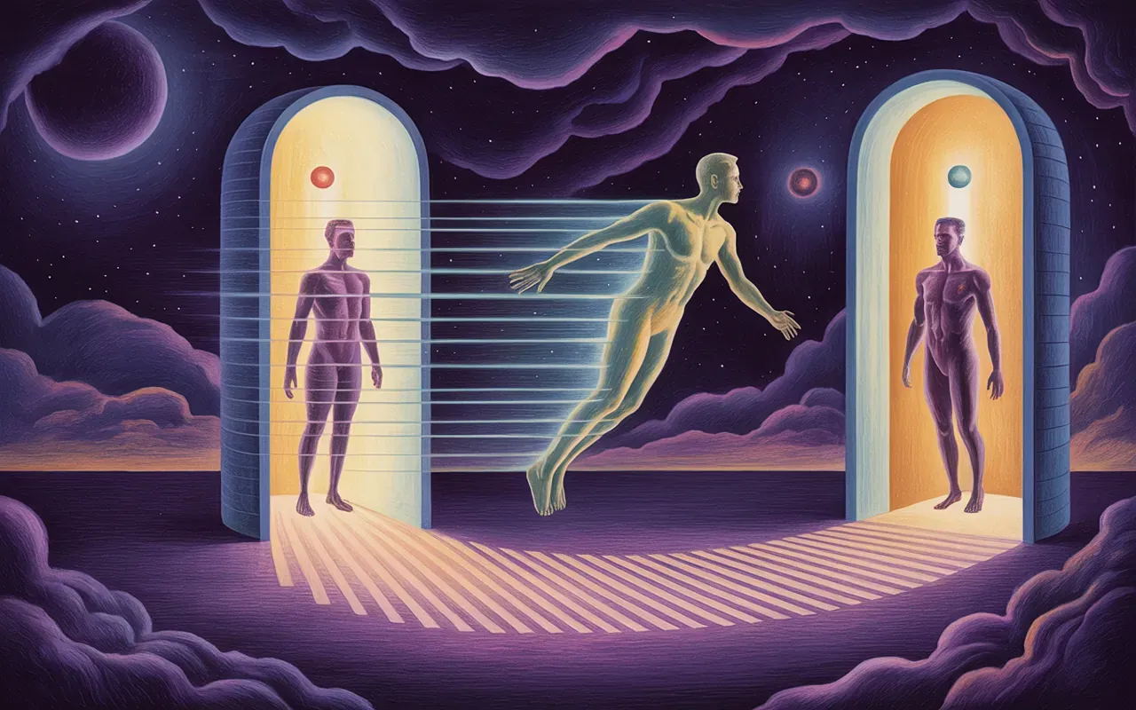 Jungian surreal dream illustration of teleportation: a figure dissolving between glowing portals in deep purple and gold tones