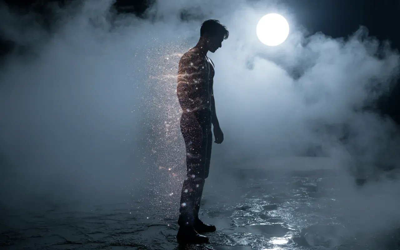 Photorealistic image of a person dissolving into light particles mid-step, moonlight and silver tones, cinematic mood