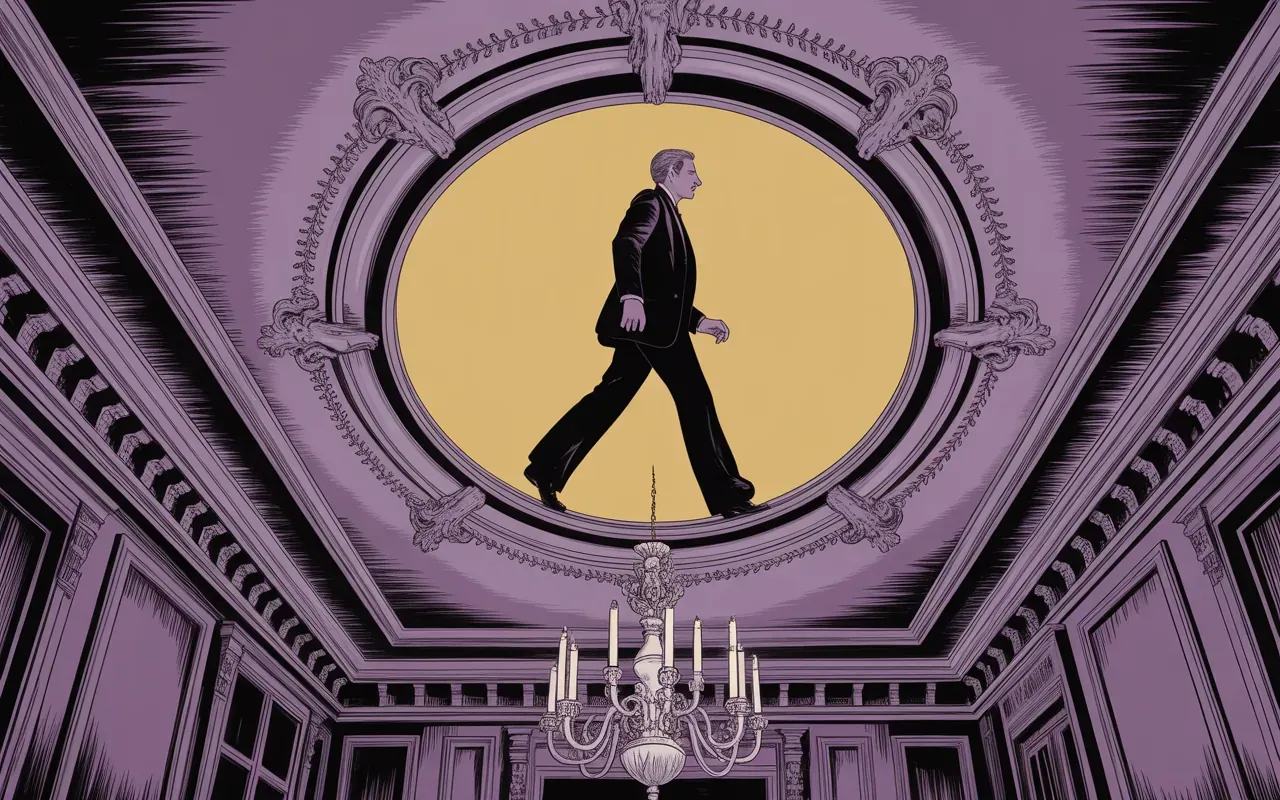 Jungian dream psychology illustration showing inverted consciousness — a figure walking on a ceiling with archetype imagery and deep purple gold tones