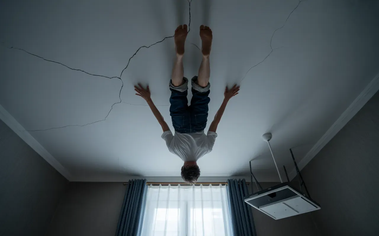 Photorealistic cinematic scene of feet walking on cracked plaster ceiling with furniture hanging below and moonlight filtering through a window