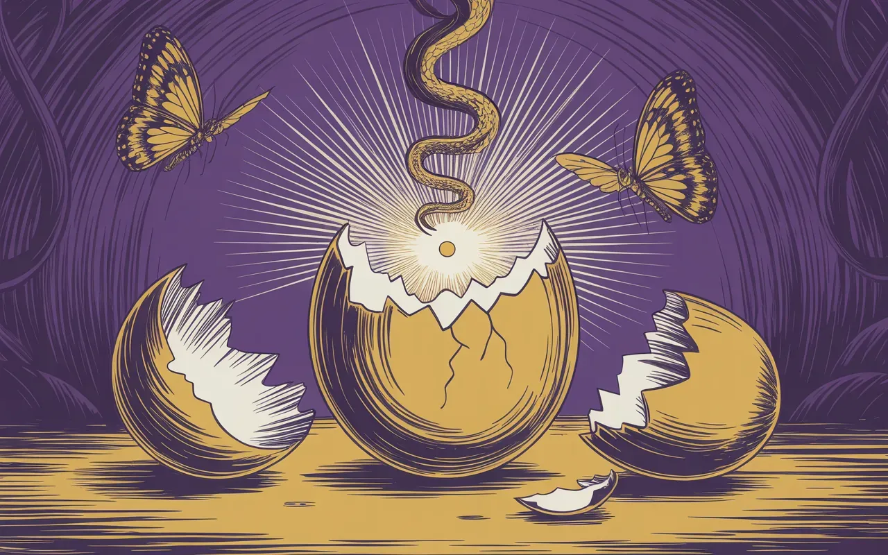 Surreal illustration of a cracked golden cosmic egg releasing light and butterflies, Jungian dream symbolism