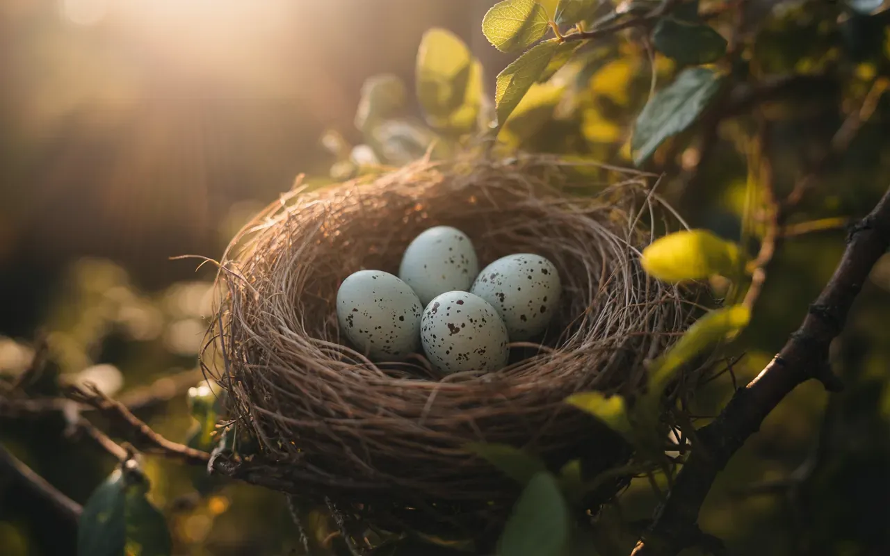 Photorealistic close-up of speckled bird eggs in a nest, warm golden morning light, cinematic macro photography