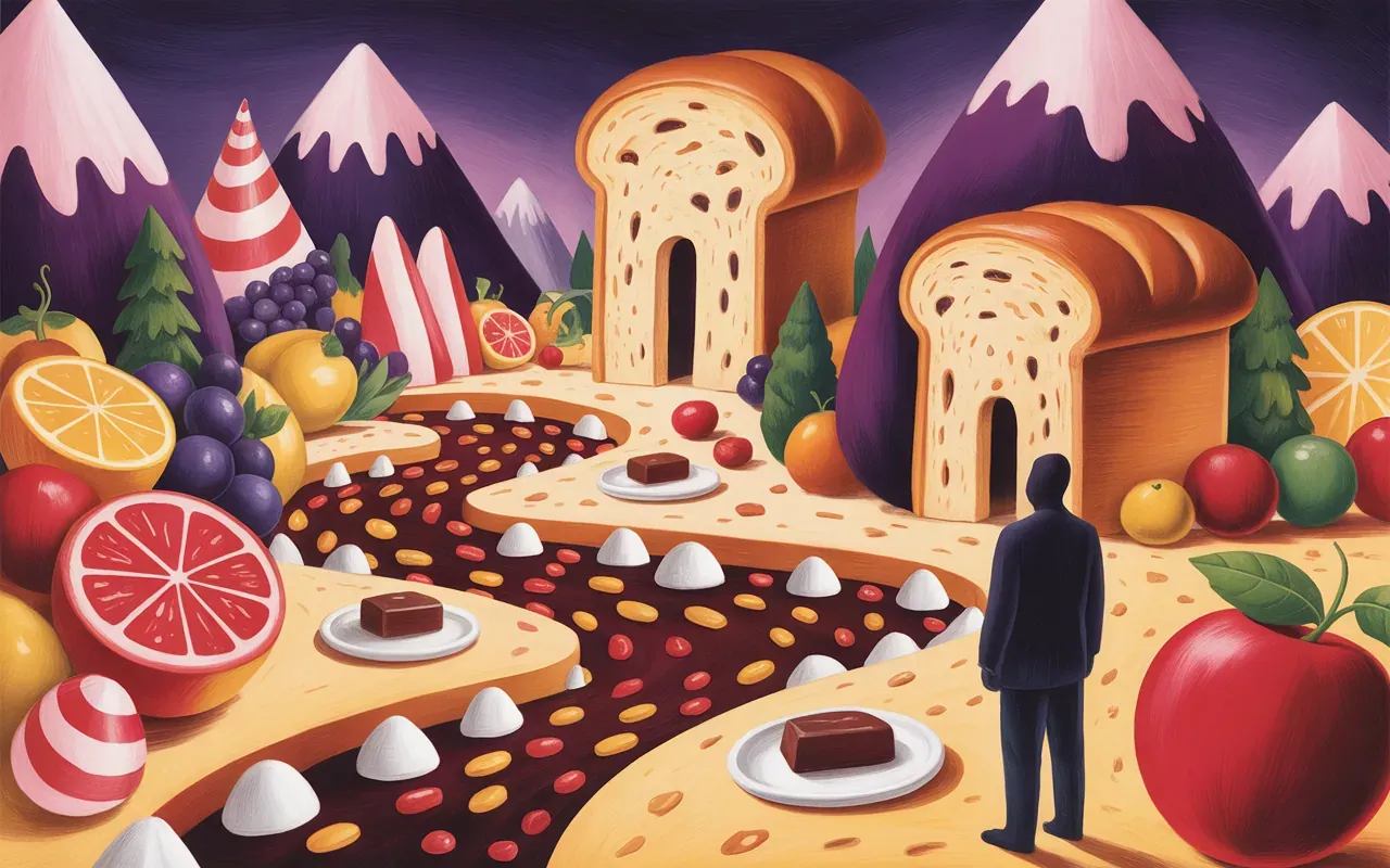 Jungian dream psychology illustration showing a shadow figure standing before a landscape made of food, symbolizing unconscious desires and archetypal nourishment