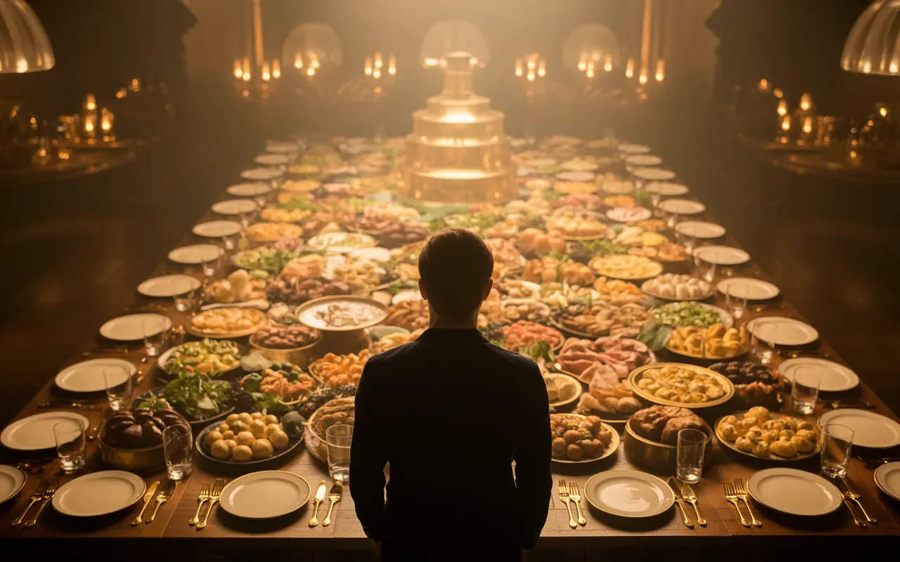 Person standing before an overwhelming banquet table glowing with golden light in a cinematic dream sequence, representing awe at abundance