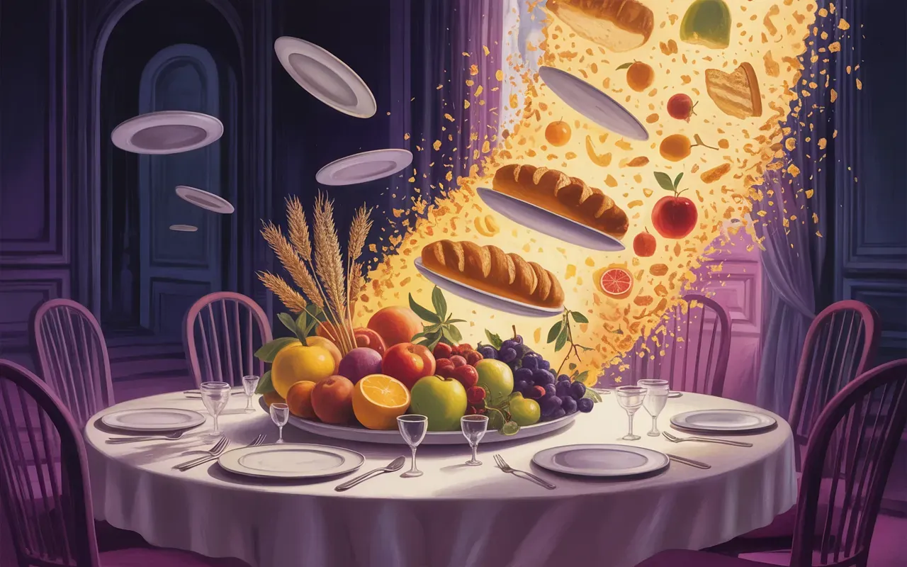 Jungian surreal dream illustration of food symbolism — archetypes of nourishment and transformation