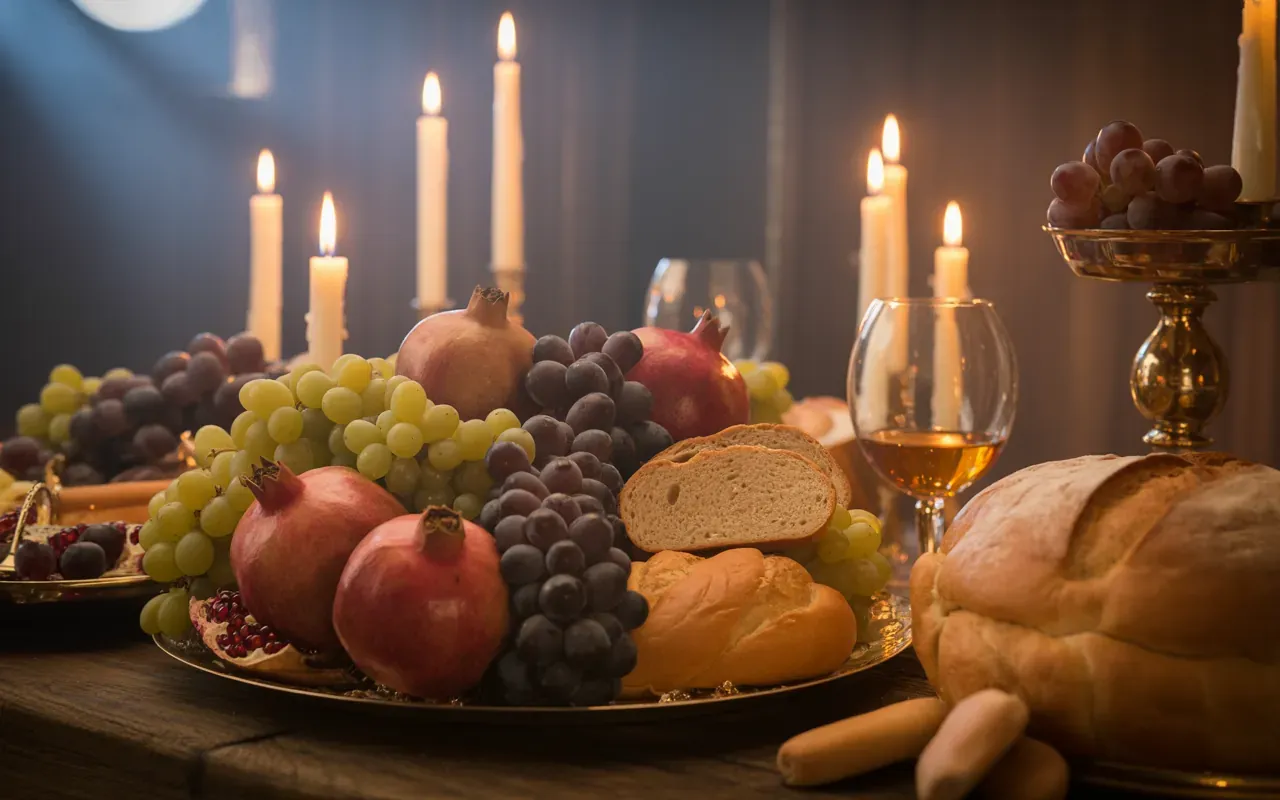 Close-up of symbolic dream feast — fruits, bread, and honey in cinematic candlelight