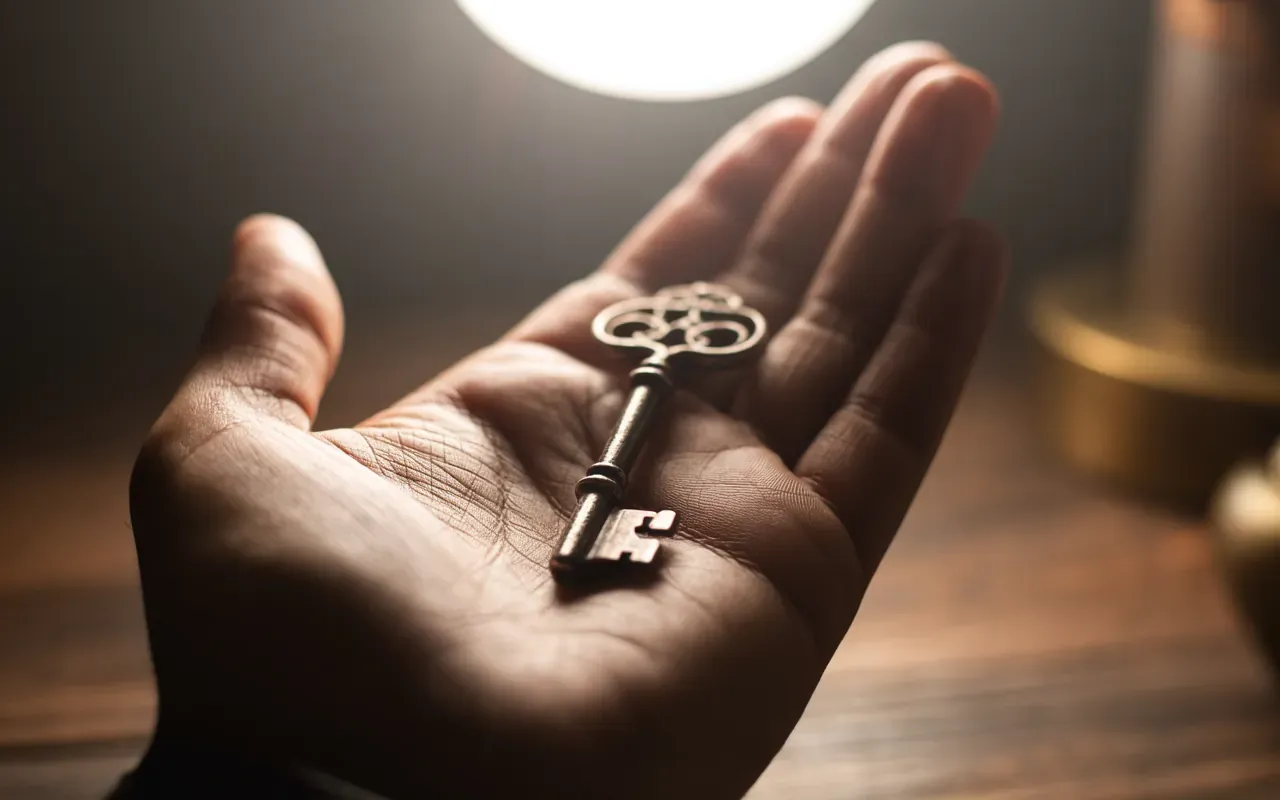 Photorealistic close-up of an ornate antique key held in cupped hands under soft moonlight