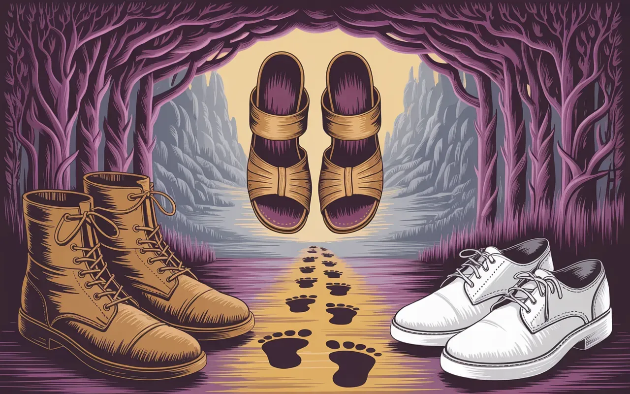 Jungian archetype dream illustration of shoes as spiritual symbols floating above a misty golden path