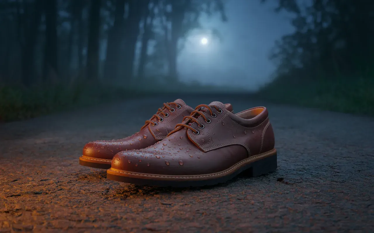 Worn leather shoes on a misty moonlit path through a dark forest, cinematic mood
