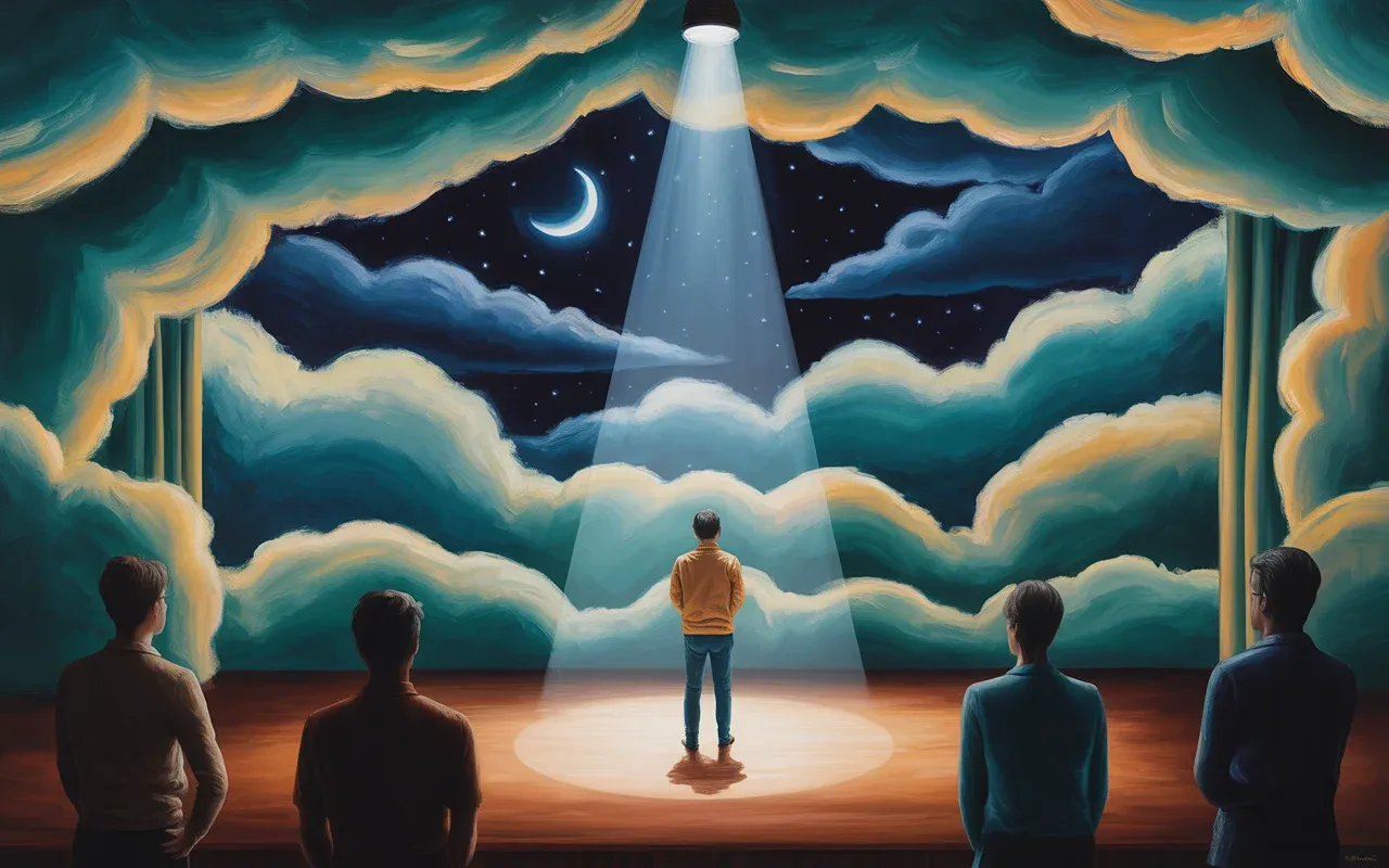Person frozen on theater stage under spotlight in a Jungian dreamscape with swirling teal and amber light