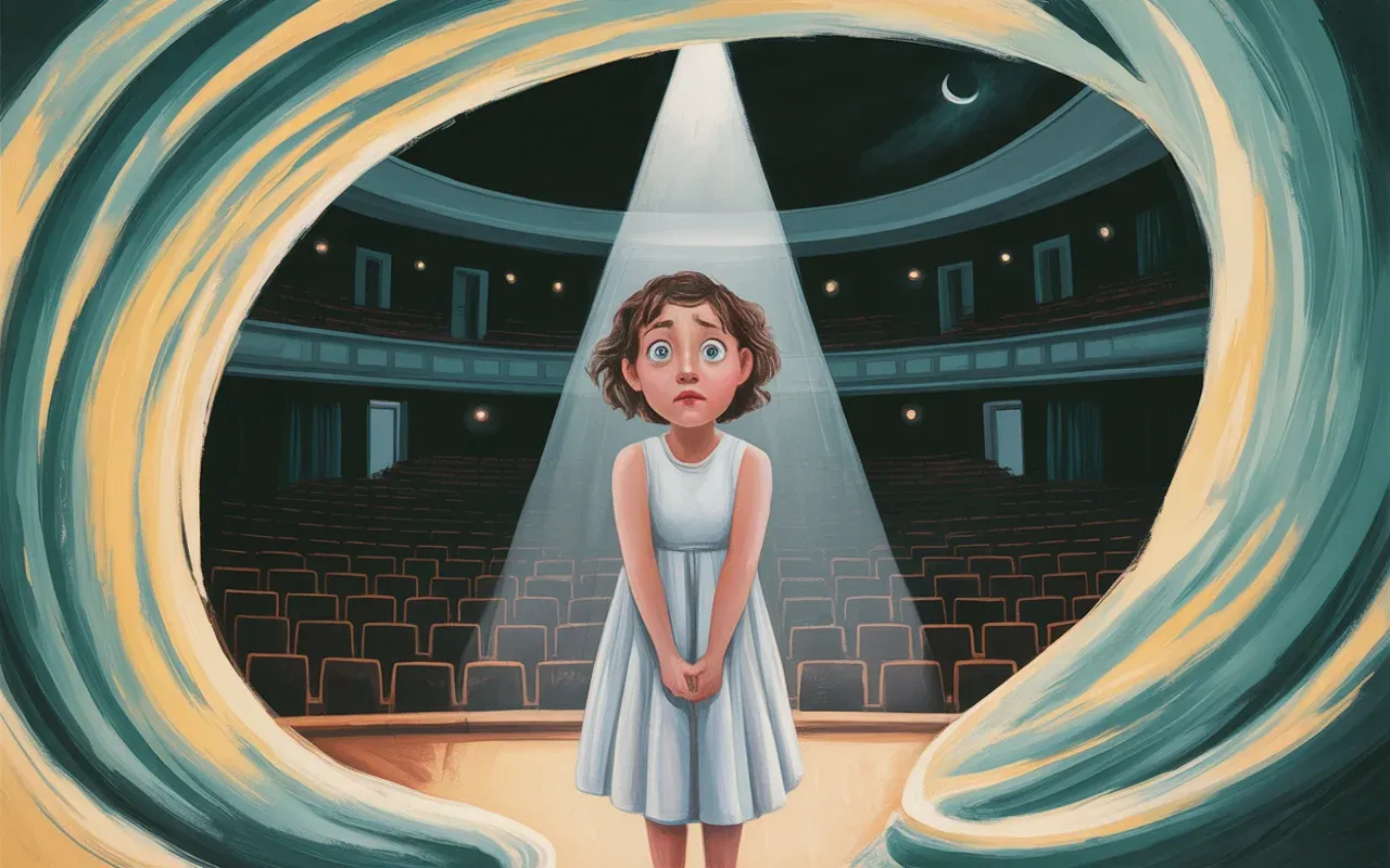 Woman in spotlight on empty theater stage, anxious expression, surrounded by swirling teal and golden dreamscape light