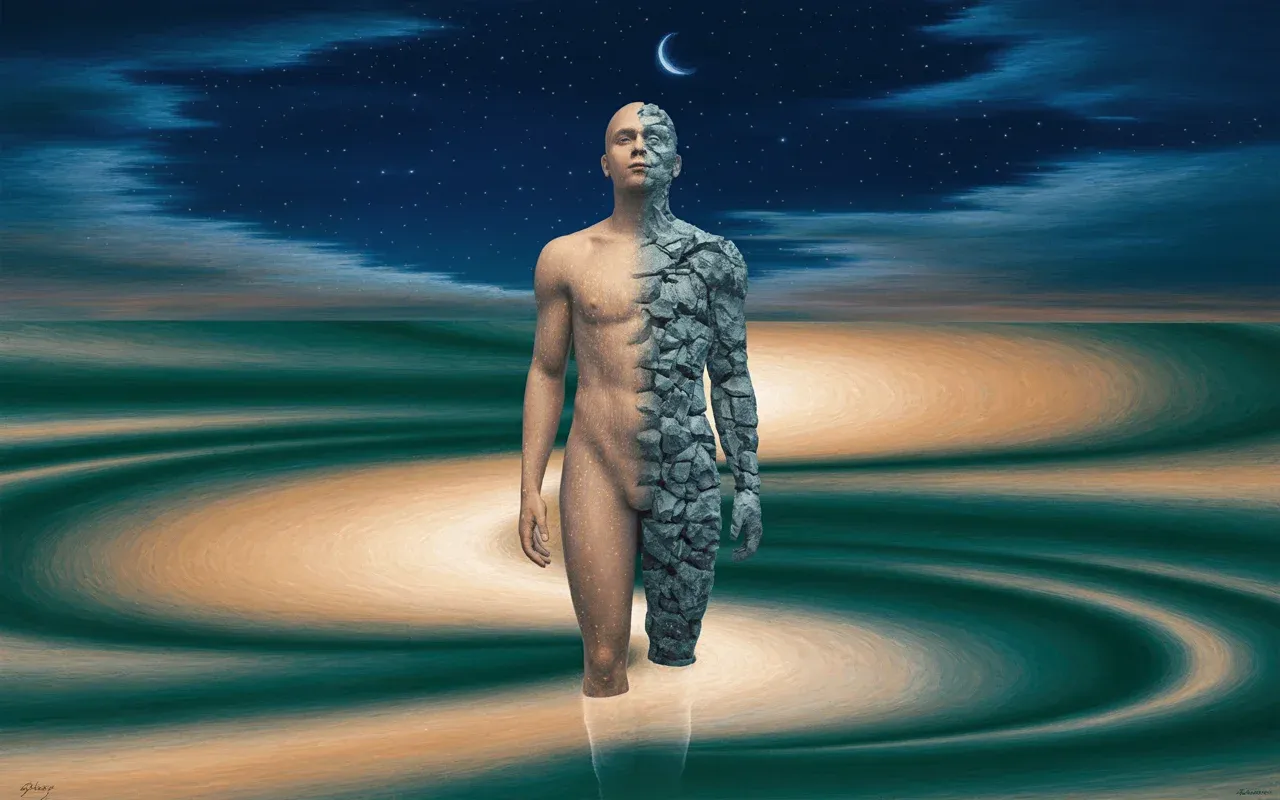 Human figure dissolving between stone and water in a Jungian dreamscape — spiritual meaning of being made of different material in a dream