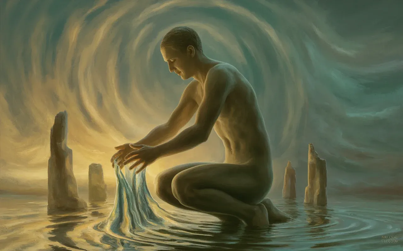 Person kneeling as their hands transform between stone and flowing water — dream of being made of different material meaning