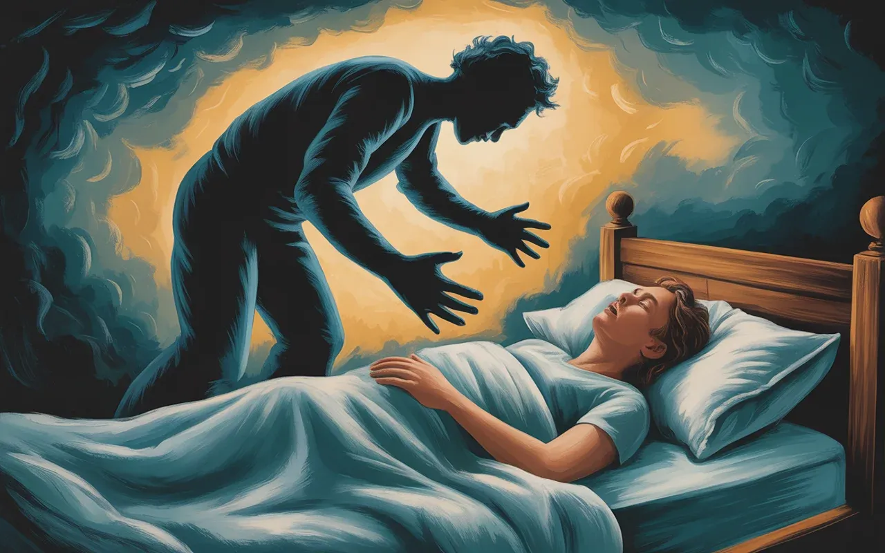 Person asleep experiencing nightmare with shadowy figure overhead, teal and warm golden dreamscape light breaking through darkness, semi-realistic painterly style