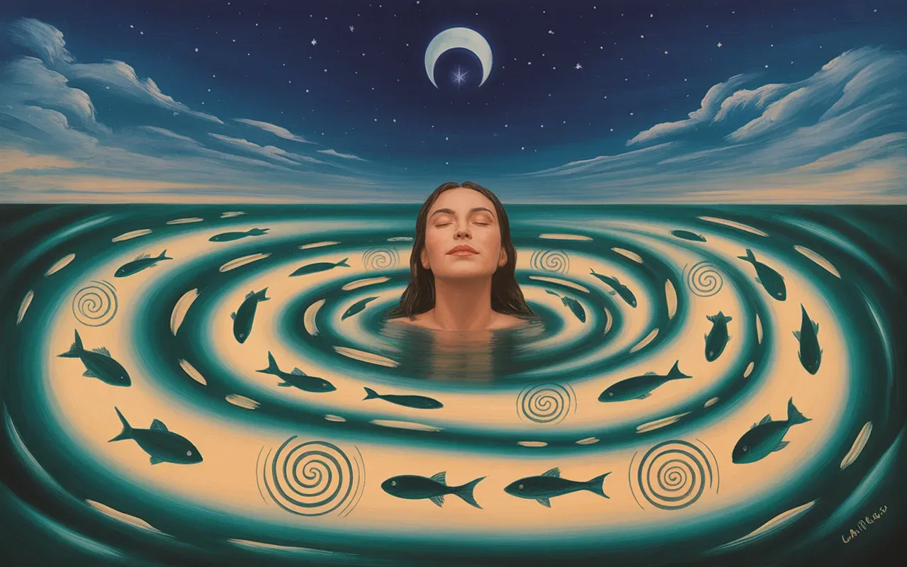 Dreamlike painting of a woman floating in luminous water surrounded by teal and amber light ribbons, representing the psychological meaning of swimming dreams