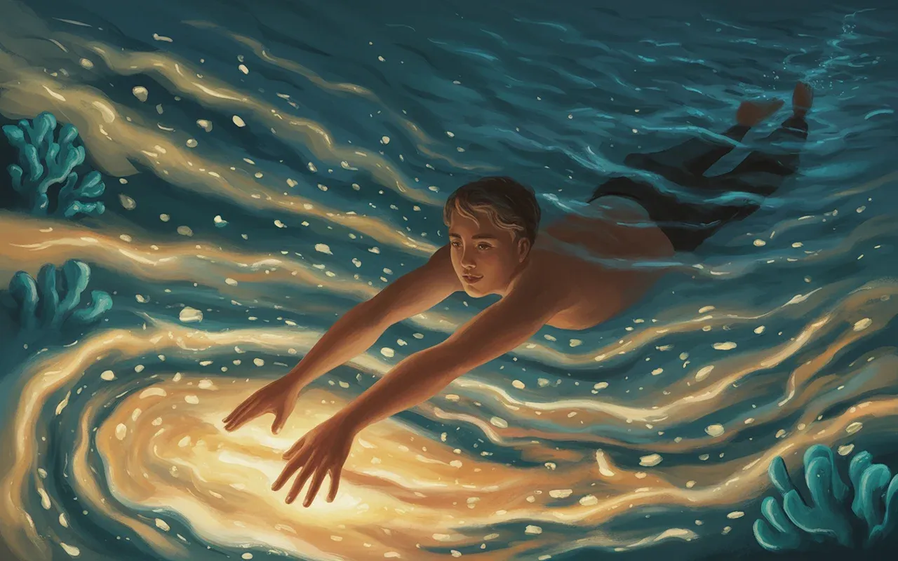 Person swimming through a dreamlike ocean at night with bioluminescent particles and teal coral formations, representing swimming dream scenarios