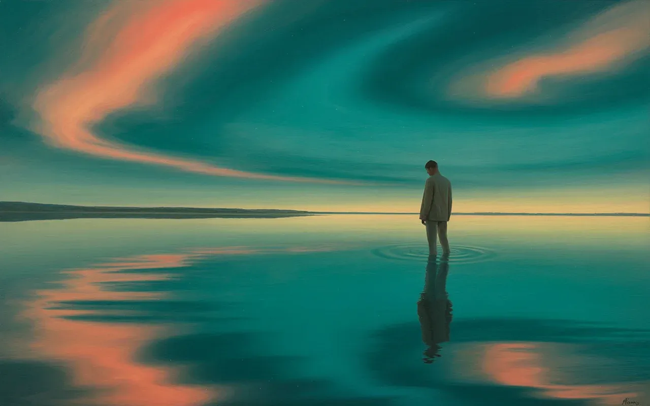 Person standing at the edge of a twilight lake with their reflection showing a different version of themselves