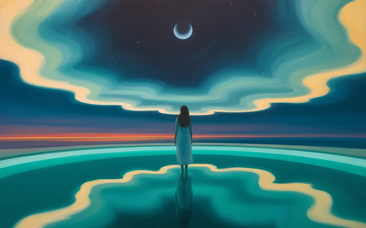 Jungian dreamscape with woman standing at edge of glowing swimming pool under starlit sky