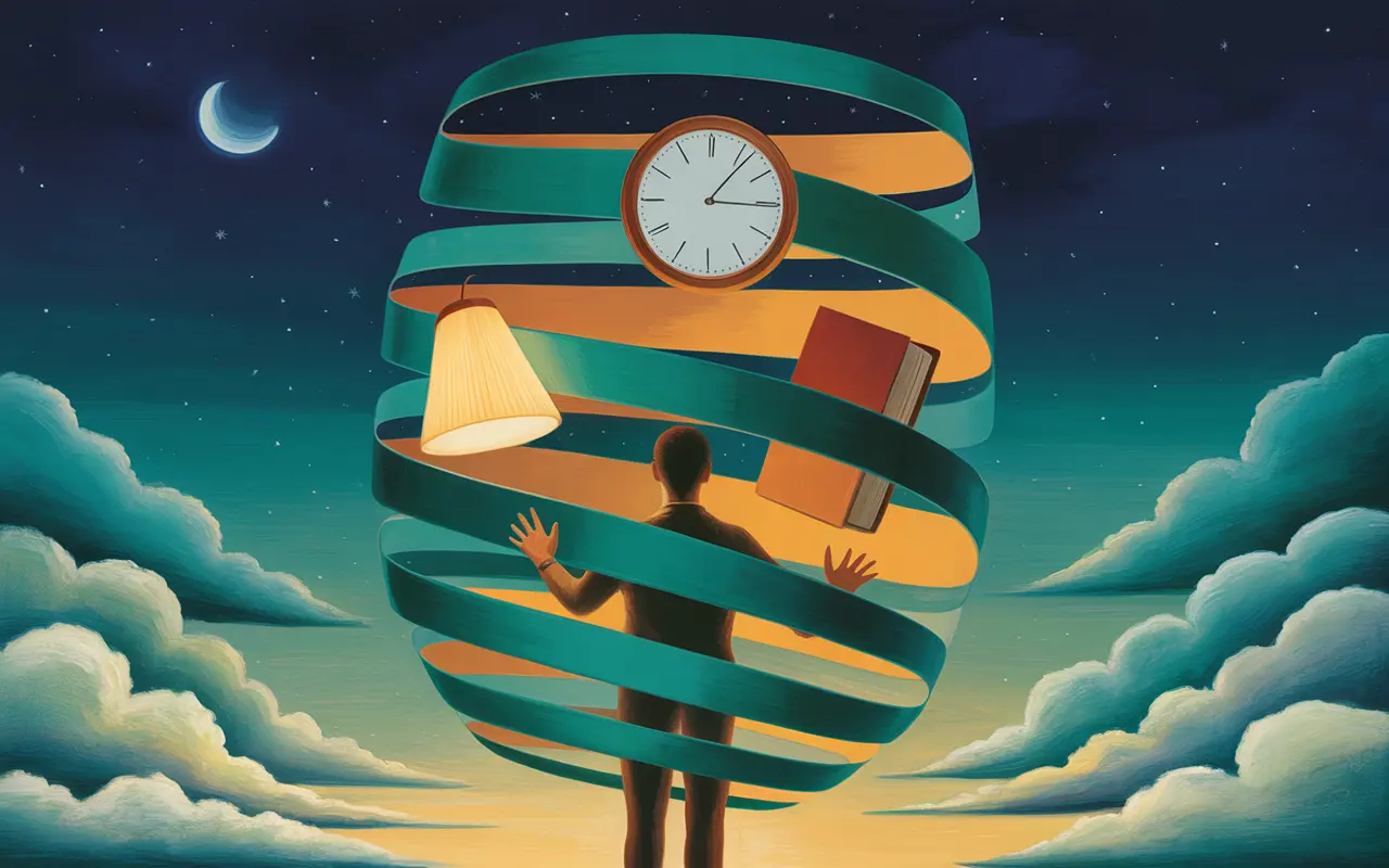 Jungian dreamscape with glowing talking objects floating around a human figure, teal and amber swirling light, surrealist oil painting