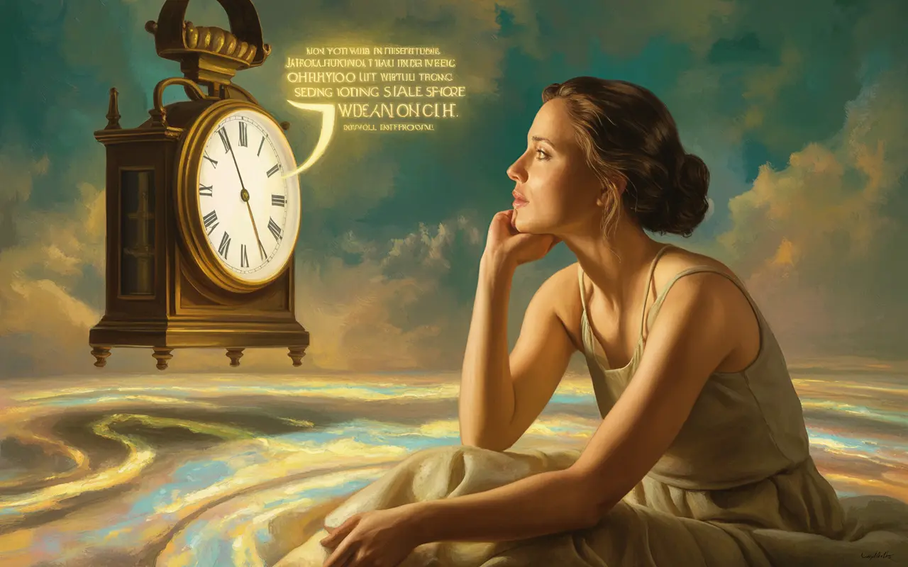 Woman in a dreamscape with a glowing antique clock speaking golden words to her, surrealist painting style with teal and golden light