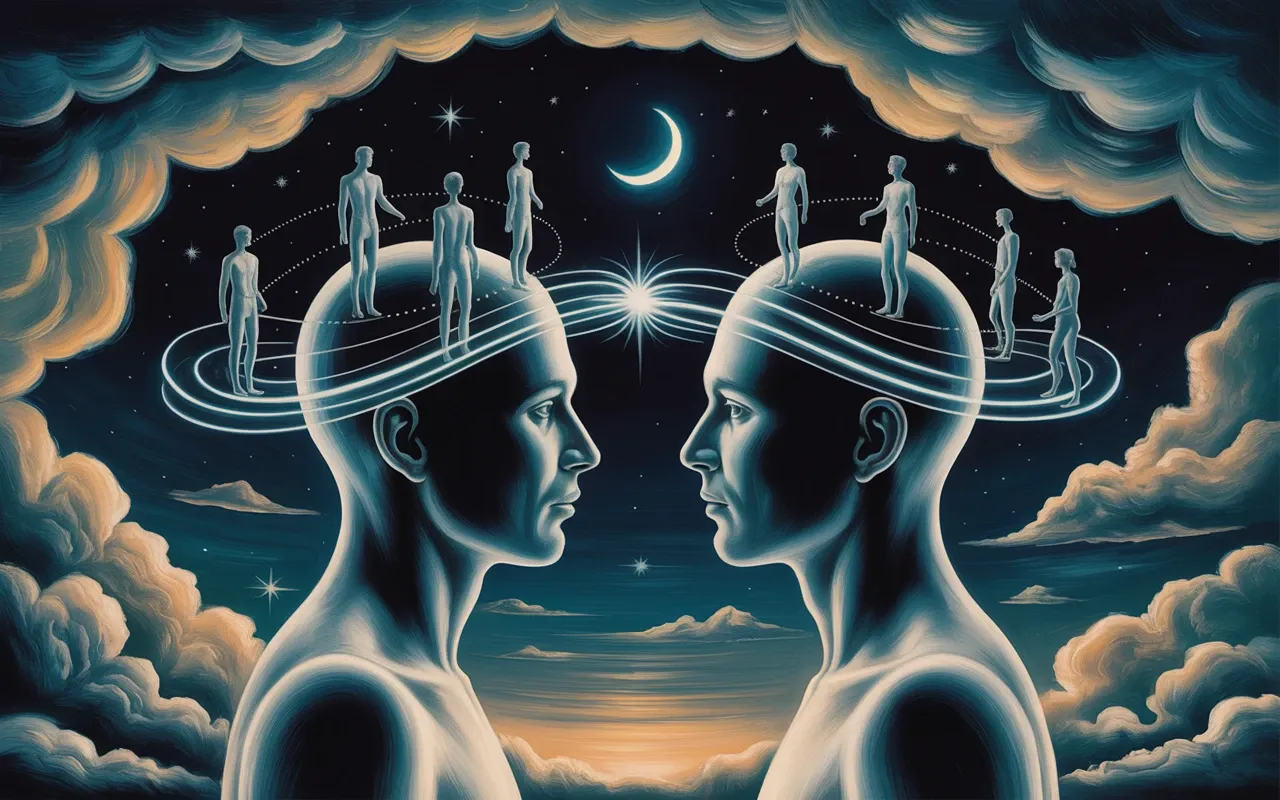 Two translucent human figures exchanging glowing thought-waves in a Jungian dreamscape with teal and amber swirling light