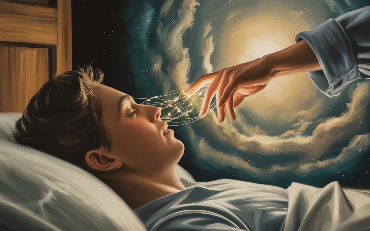 A dreamer's spirit-self floating above their sleeping body, reaching toward a distant glowing figure across a swirling teal and golden dreamscape