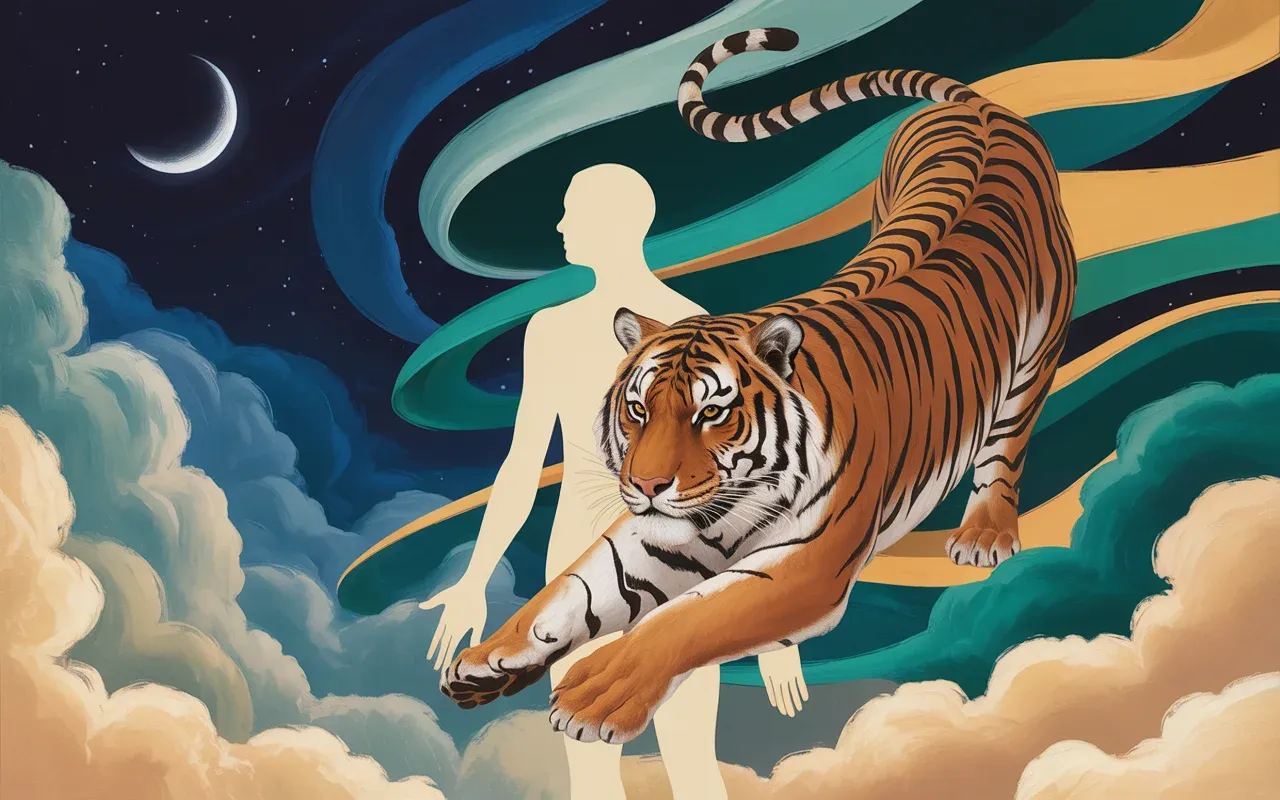 Human silhouette merging with tiger shadow in Jungian dreamscape with teal and amber light