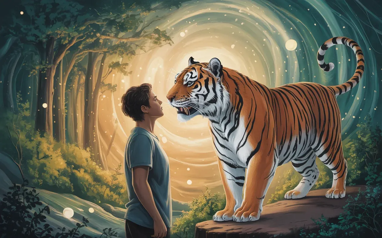 Person standing face to face with a glowing tiger in a dreamscape with golden and teal light