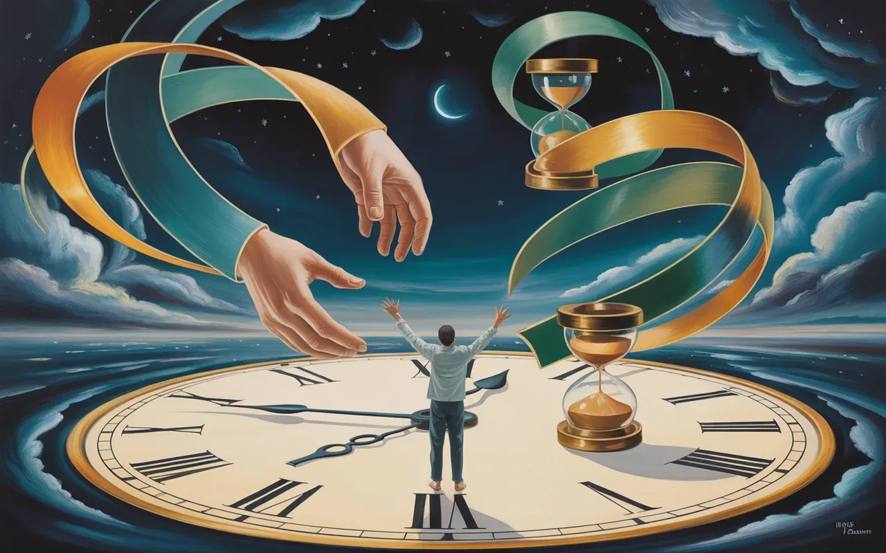 Surreal dreamscape with a figure surrounded by swirling clocks and teal amber light representing the psychology of time manipulation dreams