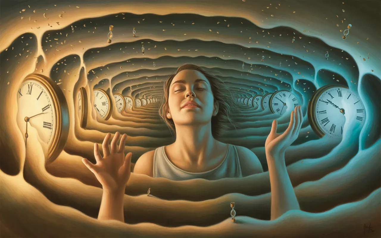 Woman floating through melting clocks in a dream corridor reaching between golden past and blue future light
