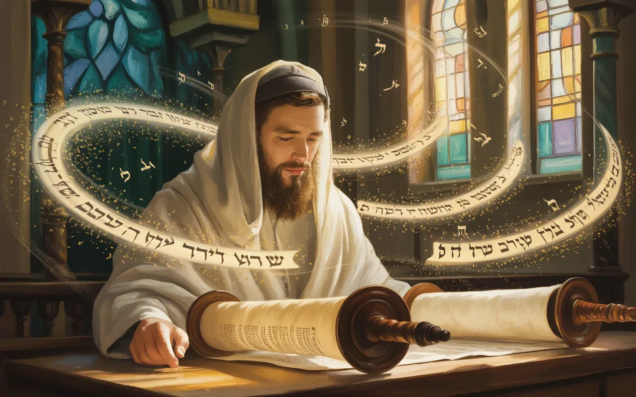 Person reading Torah in a dreamlike synagogue with ethereal golden and teal light
