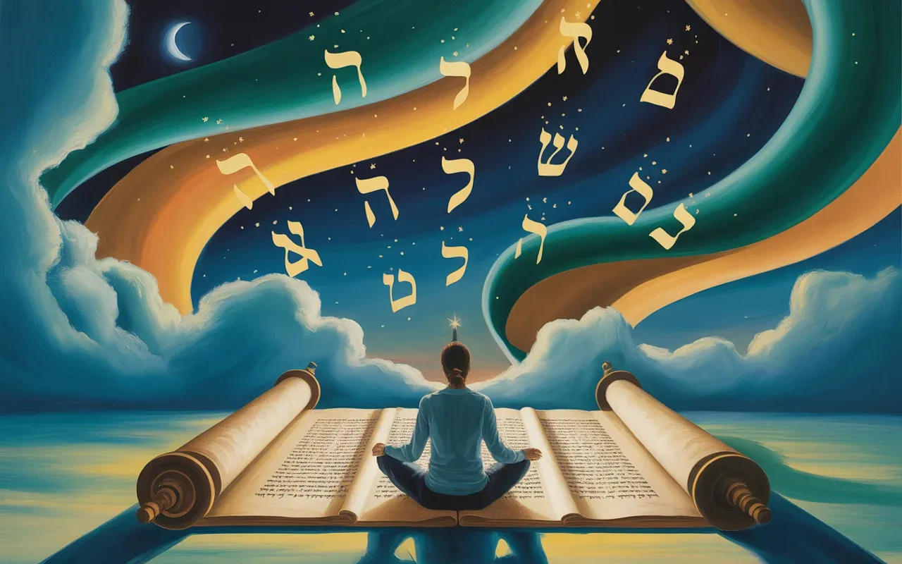 Person meditating before an open Torah scroll in a surreal dreamscape with teal and amber light