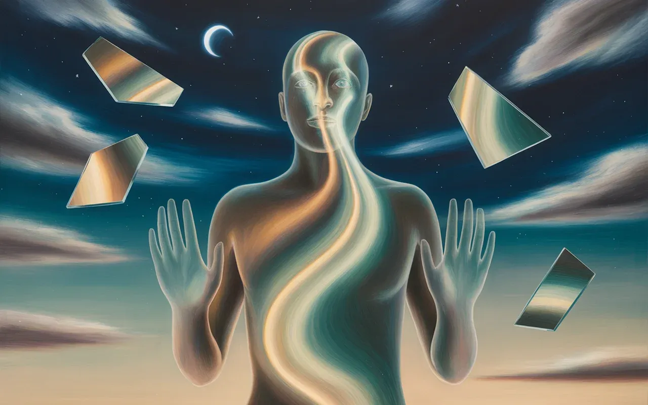 Jungian dreamscape with semi-transparent figure surrounded by teal and amber light ribbons under crescent moon