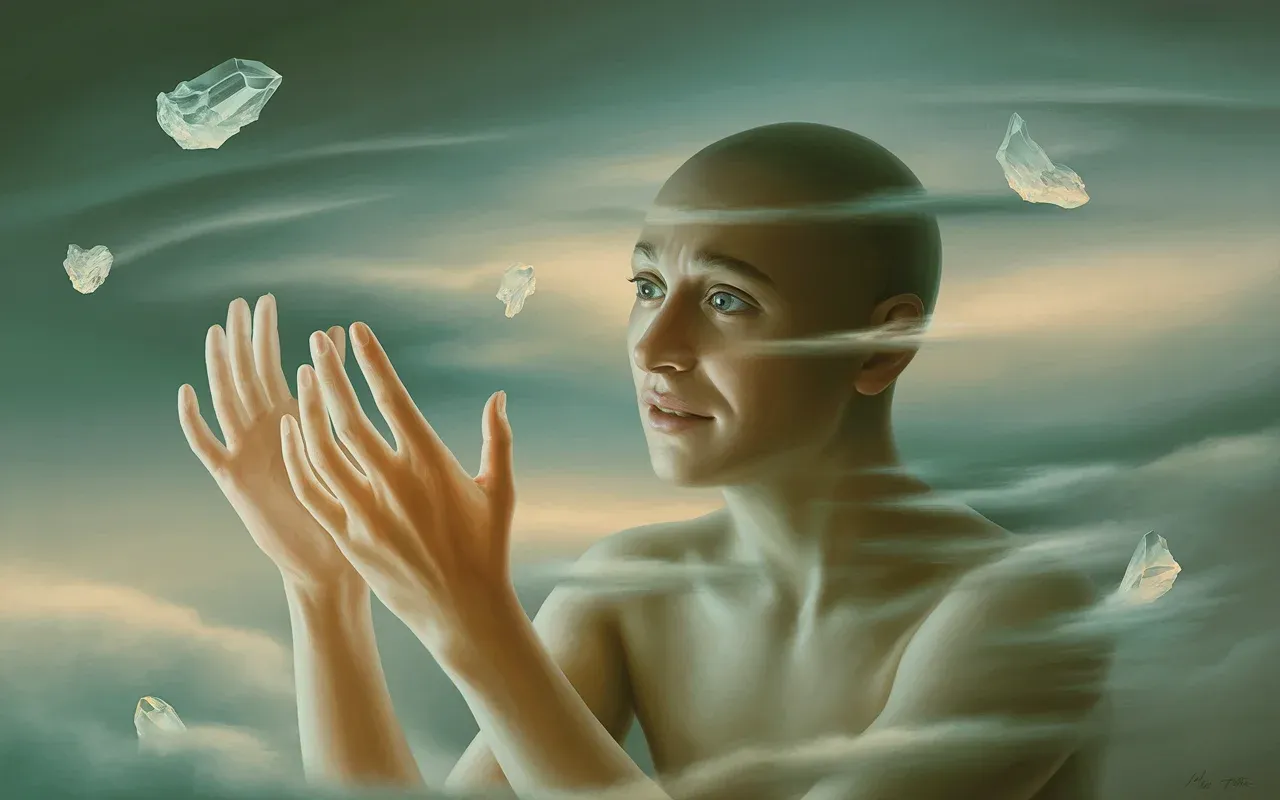 Person looking at transparent hands in ethereal dreamscape with floating crystal fragments and golden teal light