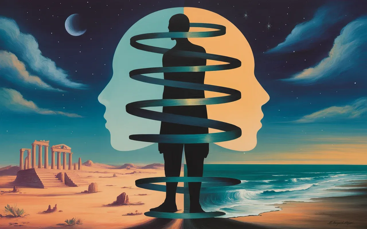 Jungian dreamscape showing a person split between two symbolic worlds — desert and ocean — with swirling teal and amber ribbons