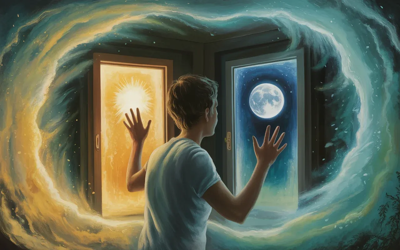 Person in a dream state reaching between two glowing portals — representing the emotional experience of bilocation in dreams