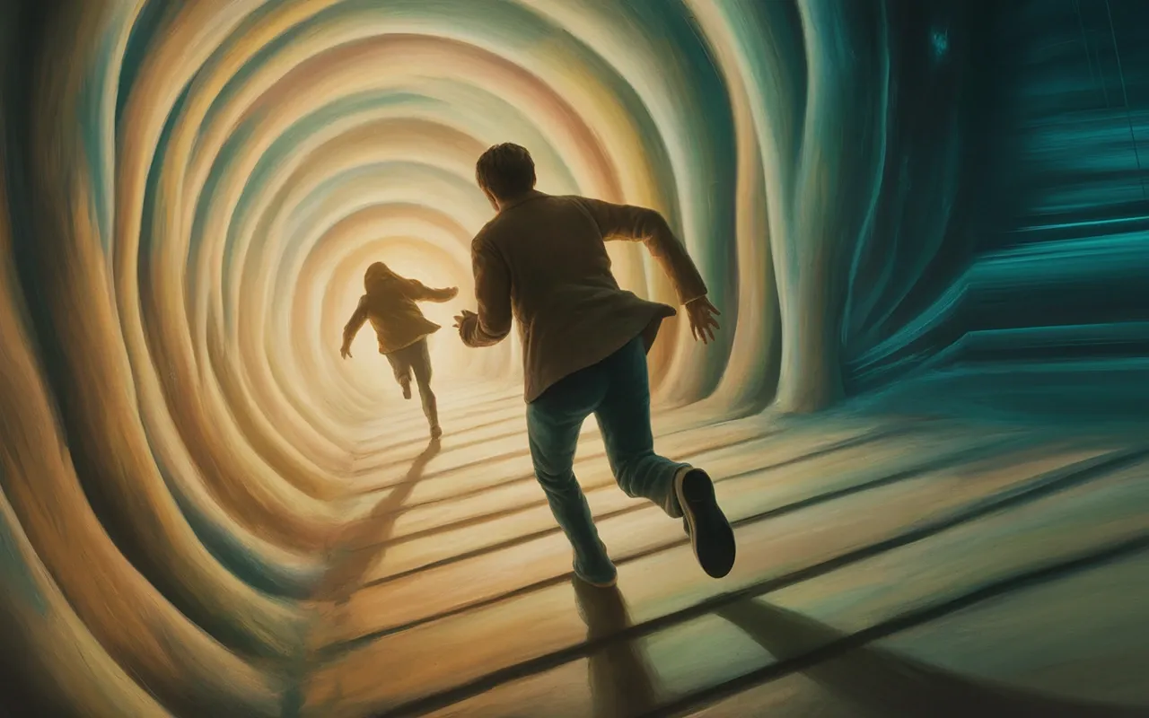 Person running in slow motion through a dream corridor, legs heavy, danger approaching as a shadow figure behind them