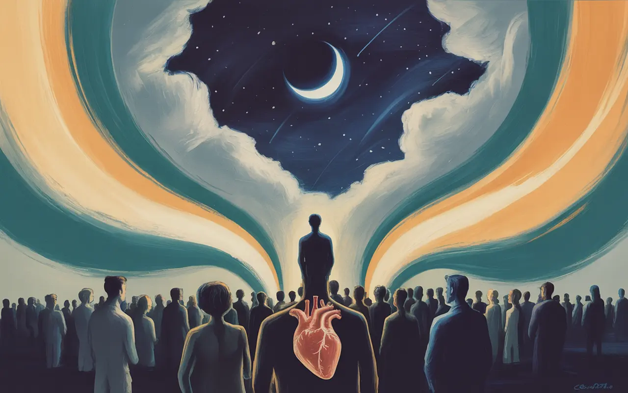 Abstract Jungian dreamscape showing a lone figure at the edge of a crowd with swirling teal and amber light