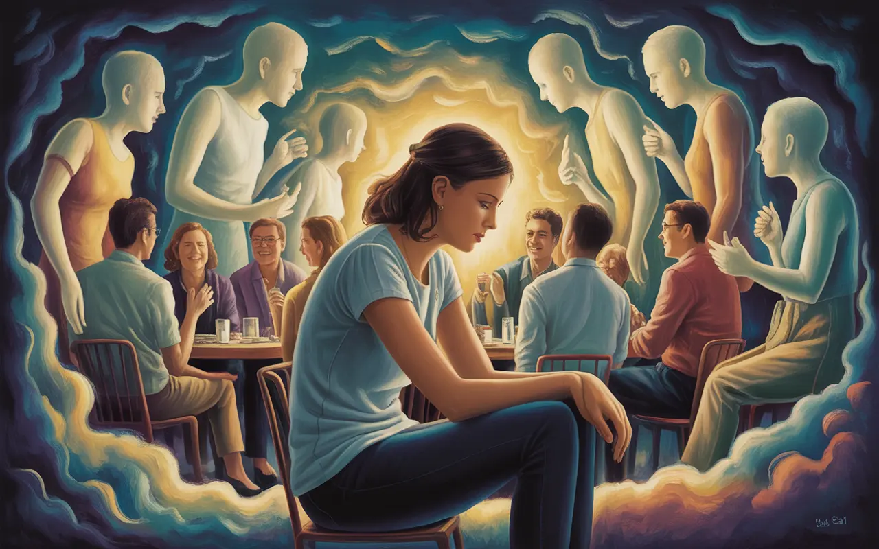 Young woman sitting alone at a dream gathering, golden and teal light swirling around her with painterly brushstroke texture