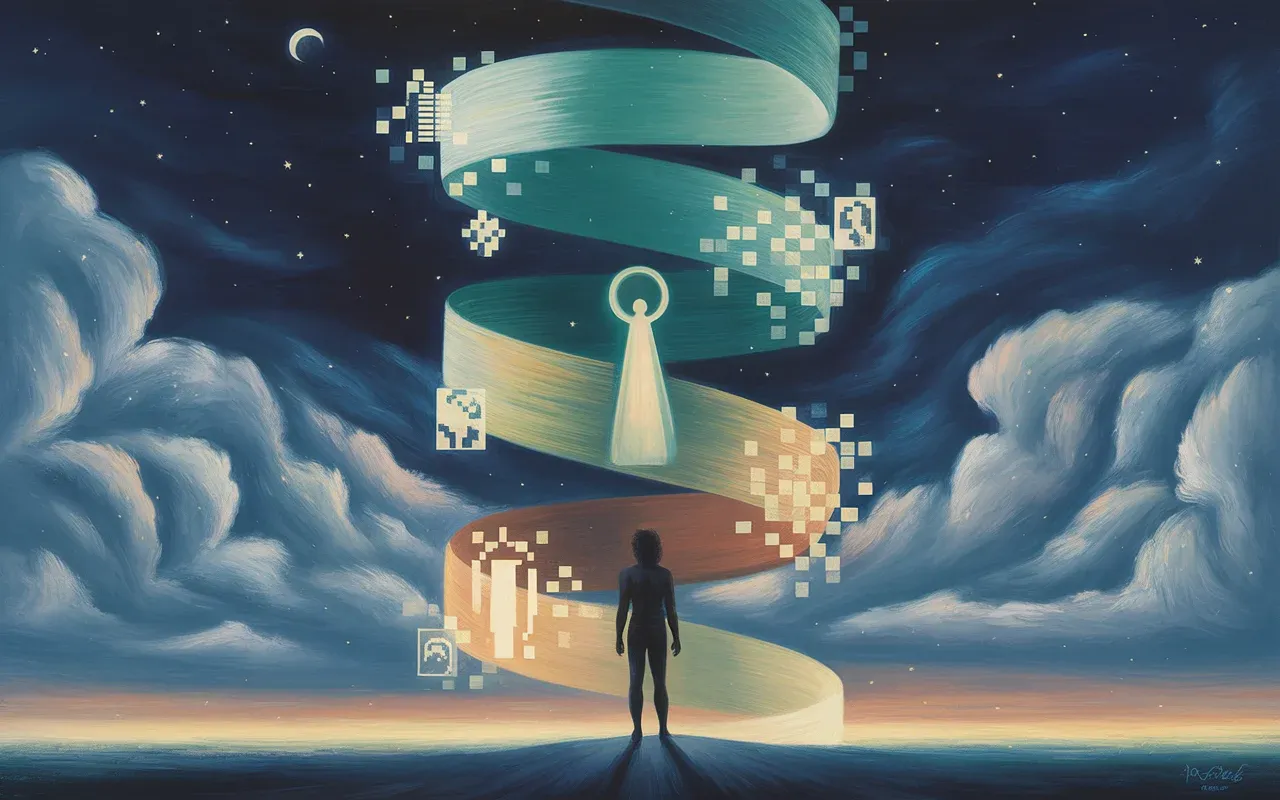Abstract Jungian dreamscape showing a person standing at the crossroads of glowing digital worlds and symbolic portals, representing the video game dream meaning