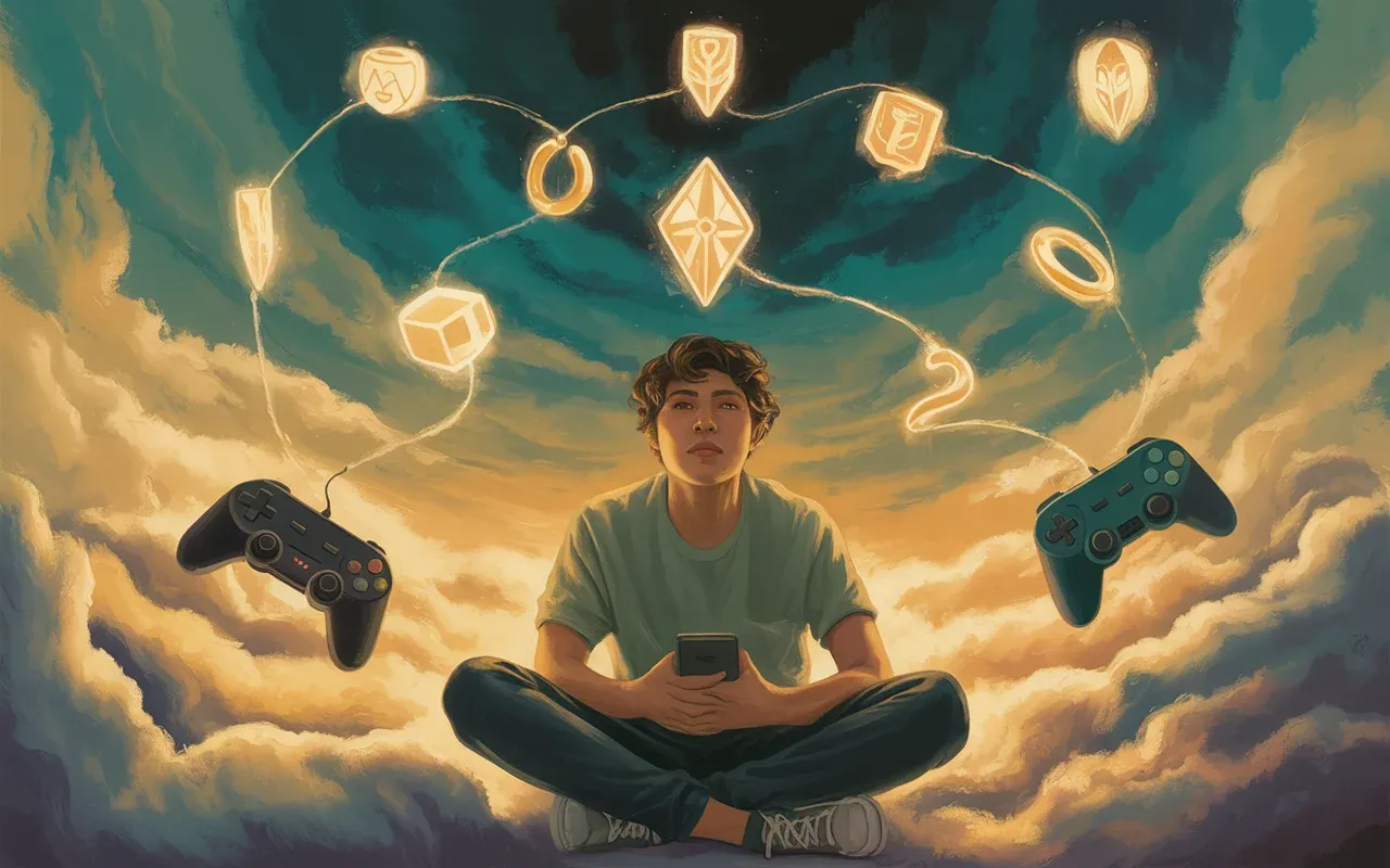Person sitting in a glowing dreamscape surrounded by floating game controllers and quest items transforming into real-world symbols, representing dream scenarios about video games