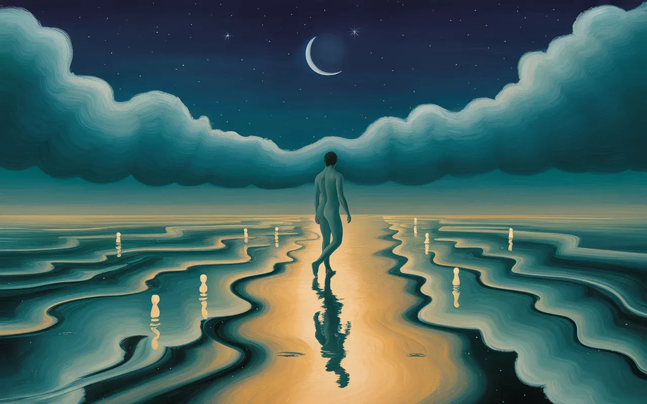 Ethereal figure walking on a glowing ocean in a Jungian dreamscape with teal and amber ribbons of light