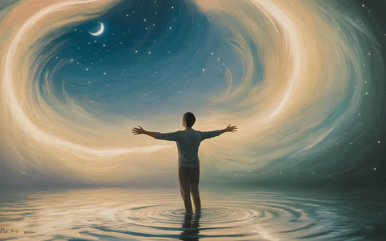 Person standing on calm water with arms outstretched in a spiritual dreamscape with golden and teal light