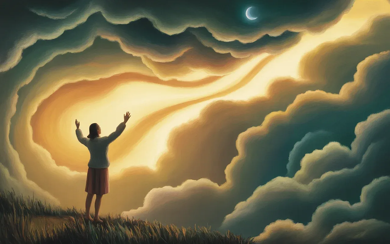 Woman raising arms to part storm clouds in a dreamscape — representing emotional mastery and personal transformation